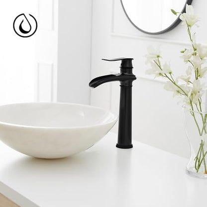 BWE Vessel Sink Faucet Waterfall Matte Black Bathroom Faucets Single Hole | Single Handle Bathroom Sink Faucet Tall Vessel Brass Faucet with Pop Up Drain and Water Supply Line,Solid Brass - color: Matte Black, size: 11.81 inch Vessel Version