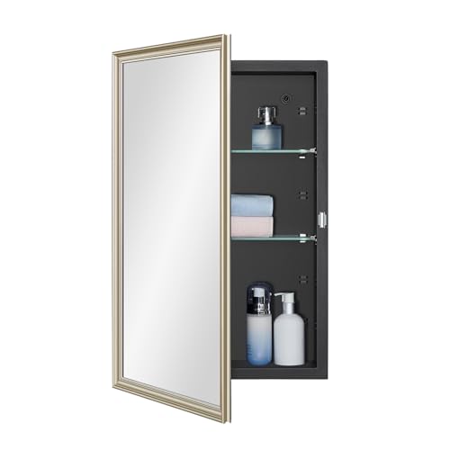 DYLLOR Black Medicine Cabinet with 15x24 Inch Gold Frame Mirrored Door, Wall Mounted Storage, Recessed or Surface Mount, 2 Adjustable Glass Shelves, Vanity Organizer for Bathroom, Bedroom, Hallway - color: Matte Black, size: 15x24 inch Framed Mirrored Doo