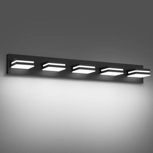 Modern LED Small Black Acrylic Bathroom Lights Fixtures 5-Light | Wall Lighting,Vanity Lights for Bathroom Over Mirror 6000K 350°Rotate（No Assembly Required） - color: Black, size: 34.25 in
