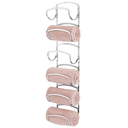 mDesign Metal Towel Shelves – Towel Rack for the Bathroom with 6 Compartments – Practical Bathroom Accessories for Both Large and Small Towels – Silver - color: Chrome