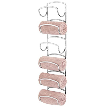 mDesign Metal Towel Shelves – Towel Rack for the Bathroom with 6 Compartments – Practical Bathroom Accessories for Both Large and Small Towels – Silver - color: Chrome
