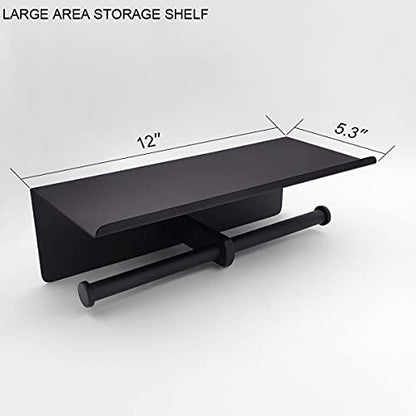 GZILA Double Toilet Paper Holder with Shelf Matte Black Wall Mounted, Dual Large Rolls Tissue Holder Multipurpose TP Dispenser, SUS 304 Stainless Steel - color: Matte Black