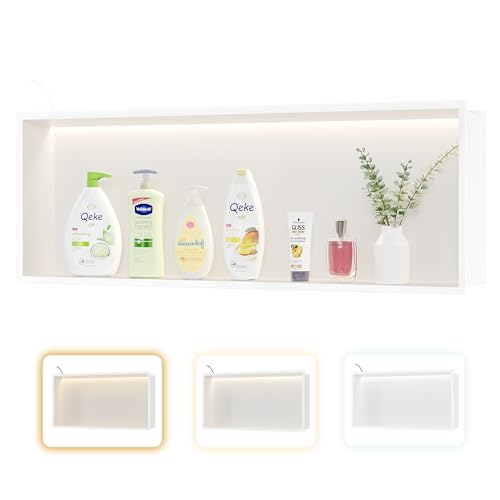 Qeke 36" X 12" Stainless Steel Shower Niche w/ 3 CCT Dimmable Light, White | No Tile Needed Wall Niche, Recessed Niche w/ Light(3000K/4000K/6000K), IP66 Waterproof, Space Saving & Durable - color: Matte White, size: 36" X 12"