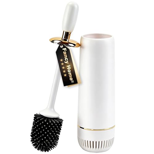 Toilet Brush and Holder Set,Toilet Bowl Brush with Long Handle, High-End Modern Silicone Toilet Brush Set, Non-Scratch Hygienic, Odor-Free Design (Matte White + Gold, B) - color: Matte White + Gold