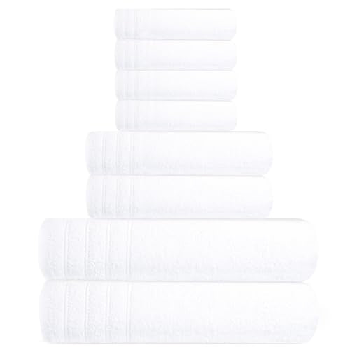 8 Piece Towel Set, 2 XL Bath, 2 Hand, 4 Washcloth, White | 100% Cotton, Lighter Weight, Quicker to Dry, Super Absorbent, Perfect for Bathroom - color: White
