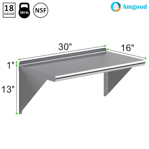 AmGood 30" Long X 16" Deep Stainless Steel Wall Shelf | NSF Certified | Appliance & Equipment Metal Shelving | Kitchen, Restaurant, Garage, Laundry, Utility Room - size: 30" Long X 16" Deep