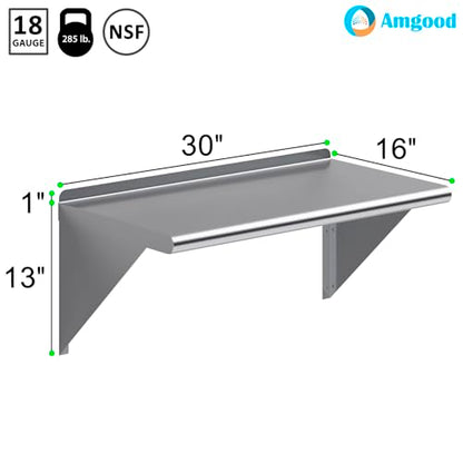 AmGood 30" Long X 16" Deep Stainless Steel Wall Shelf | NSF Certified | Appliance & Equipment Metal Shelving | Kitchen, Restaurant, Garage, Laundry, Utility Room - size: 30" Long X 16" Deep