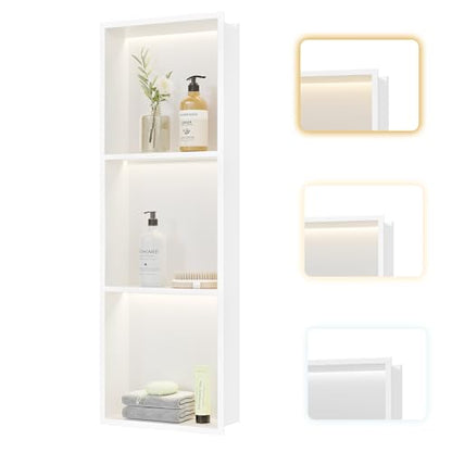 White 3-Tier 3 CCT LED Niche, 12"x36" No-Tile Shower Storage | shower niche with 3-Temperature LED Strip Light (4000K/6000K/3000K),Waterproof, Sturdy&Durable,304 Stainless Steel Wall Niche - color: White, size: 12X36In