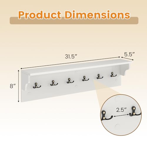 GIANTEX Coat Rack Wall Mount, 31.5" Wooden Coat Hooks with Shelf, White | Wall Clothes Rack w/ 6 Dual Hooks for Hats Towels Purses Robes, Floating Display Shelf for Living Room Bedroom Entryway - color: White