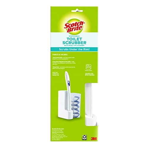 Scotch-Brite Disposable Toilet Scrubber Starter Kit, 5 Pack | Disposable Refills with Built-In Bleach Alternative, Includes 1 Handle, Storage Caddy and 5 Refills