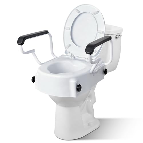 5'' Round Raised Toilet Seat with Handles, Adjustable Height | 3 Adjustable Heights (1.9/3.4/5'')|Fits Standard Round Toilets|with Lid|300lbs|Flip-up Armrests|for Seniors Post-surgery