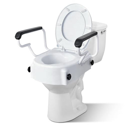 5'' Round Raised Toilet Seat with Handles, Adjustable Height | 3 Adjustable Heights (1.9/3.4/5'')|Fits Standard Round Toilets|with Lid|300lbs|Flip-up Armrests|for Seniors Post-surgery
