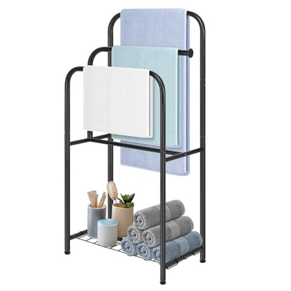 Towel Racks for Bathroom, 35" H Standing Towel Holder 3 Tier Metal Pool Towel Hanger Outdoor Floor with Storage Shelves for Blanket Bath Towel Drying (Matte Black)