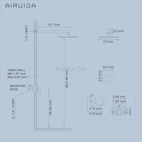 Airuida Shower Faucet Set,12 Inch Shower Valve Kit,Matte Black | Male Threads,Rough-in Valve Shower Trim Kit,Single Handle Control Shower Set - color: Matte Black, size: 12 Inch