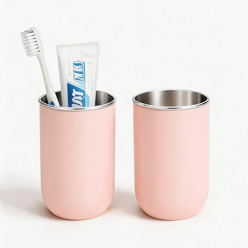 Unbreakable Stainless Steel Toothbrush Holder Tumbler Cup for Bathroom 13oz | Reusable Kids Bathroom Tumbler Cup & Tooth Brush Holder, Countertop Toothpaste Organizer Storage Set, Pink 2 Pack - color: Pink
