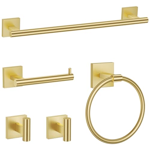TURS 5-Pieces Brushed Gold Bathroom Hardware Set 23.6 Inch SUS304 Stainless Steel Towel Bar Set Wall Mounted Bathroom Accessories Set - color: Brushed Gold, size: 5-Pieces Set-B