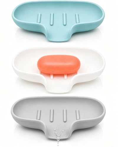 3 Pack Silicone Soap Dish with Drain, Bar Soap Holder for Shower/Bathroom, Self Draining Waterfall Soap Tray/Saver for Kitchen, Keep Soap Dry, Easy to Clean - color: White, Grey, Green