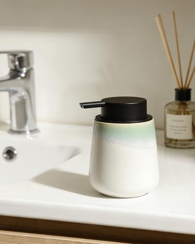 Bosilunlife 12Oz Ceramic Foam Soap Dispenser for Bathroom Kitchen Counter | Premium countertop foam pump creates delicate dense foam, stable desktop placement, Blue-Green Rim - color: Blue-green Rim
