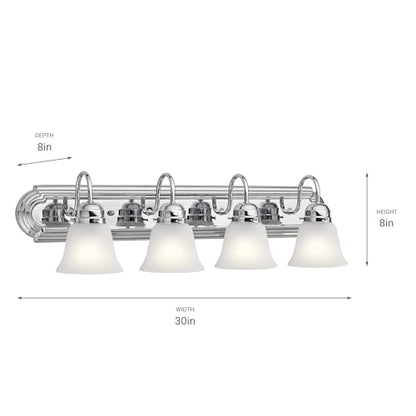 Kichler 30" 4-Light Vanity Bath Light in Chrome, Modern Bathroom Light with Clear Satin Etched Glass, ("30" W x 8" H), 5338CHS - color: Chrome, size: 30"