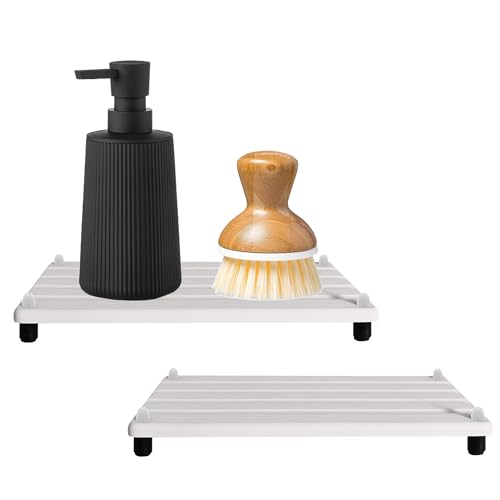 2 PCS Water Absorbing Stone Trays for Bathroom Sink Fast Drying Coasters | 9.5" x 4.7", Faucet Mat for Kitchen Sink, Diatomite Sink Caddy, Hand Soap Holder with Feet, Diatomaceous Earth, Vanity Tray - color: 9.5" X 4.7" White