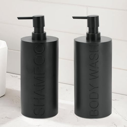 2-Pack Matte Black Resin Refillable Shampoo & Body Wash Bottles – Modern Bathroom Pump Dispenser Set, Durable Resin Shower Containers with Embossed Labels, Reusable Pump Bottle - color: 2pack Black Shampoo and Body Wash Set