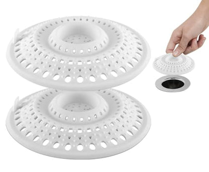 Meadow Lane Silicone Drain Hair Catcher, Fits Most Drains, White, 2-Pack | Flat silicone cover adjusts to 3 drain setups; 4.75-inch design catches hair on top and lifts off for quick cleaning. - size: 2 Pack