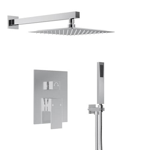 10" High-Pressure Rainfall Shower System with Handheld Spray, Wall Mount Bathroom Shower Faucet Set with Valve (Polished Chrome) - color: Chrome
