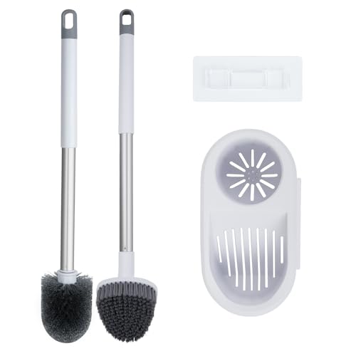 Toilet Brush and Holder Set,Toilet Bowl Brush + Flat Scrubber Brush,with Hangable Long Handle,Ventilated Base, Durable Nylon Bristles,Toilet Cleaner Brush for Bathroom RV Toilet Deep Cleaning
