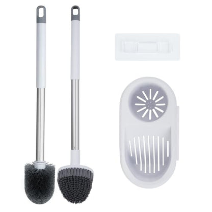 Toilet Brush and Holder Set,Toilet Bowl Brush + Flat Scrubber Brush,with Hangable Long Handle,Ventilated Base, Durable Nylon Bristles,Toilet Cleaner Brush for Bathroom RV Toilet Deep Cleaning