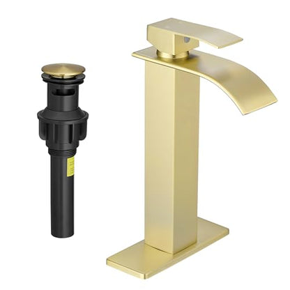 Tall Vessel Sink Faucet Brushed Gold Faucet for Bathroom Sink Tall Waterfall Bathroom Faucet Single Handle 1 or 3 Hole Wash with Pop-up Drain - color: Brushed Gold
