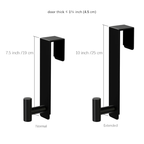 WUIVIUT Extended Over Door Hooks, Heavy-Duty Stainless Steel No-Drill Coat & Towel Hanger (T Shape 2 Pack, Fits 1-3/4'' Thick) - size: Extended, T Shape 2 Pack, Black