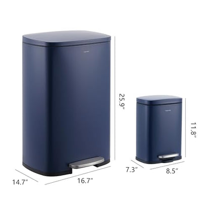 happimess Connor 2-Piece Iron Trash Can, Denim Blue | 13.2 And 1.3 Gallons, Rectangular, Soft-Close Lid, Step Pedal, 20 Liners, 26" And 12" Height - color: Denim Blue