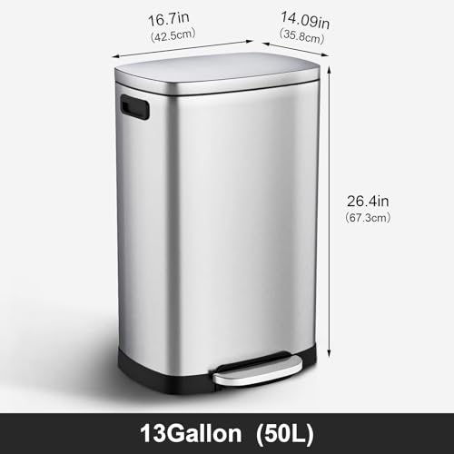 ELPHECO Kitchen Trash Can with Lid 13 Gal Stainless Steel Pedal Garbage Can | Soft Close Lid, Pedal, Heavy-Duty Fingerprint Proof Step Wastebasket with 20 Bags, Removable Bucket, Home Office, Silver - color: Silver