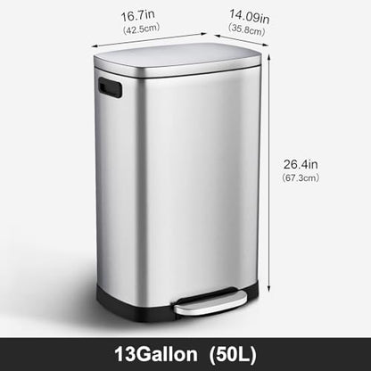 ELPHECO Kitchen Trash Can with Lid 13 Gal Stainless Steel Pedal Garbage Can | Soft Close Lid, Pedal, Heavy-Duty Fingerprint Proof Step Wastebasket with 20 Bags, Removable Bucket, Home Office, Silver - color: Silver
