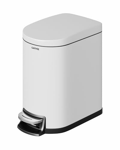 Garvee 1.6 gal / 6 L Metal Bathroom Trash Can with Lid, Slim Waterproof Garbage Can for Bedroom, Small Step-on Trash Bin with Inner Bucket, Rear Handle, Soft Close Lid, White - color: White, size: 1.6 Gallons