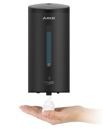 AIKE Automatic Foaming Soap Dispenser 25oz for Bathroom,Matteblack AK1205FA | Rich Foam and Stainless Steel,No-drill and Screw Wall Mount,5-Level Adjustable and Key for Commercial(Batteries Not Included) - color: Matte Black Stainless Steel
