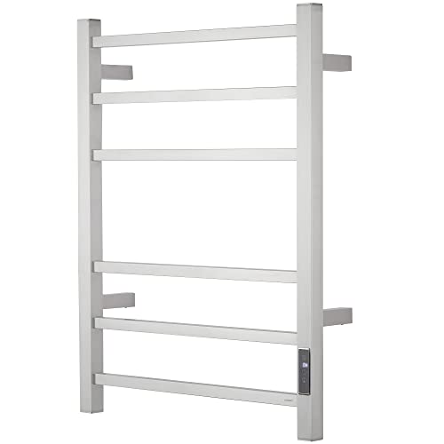 Electric Towel Warmer - Wall Mounted Bathroom Heated Towel Rack, Plug-in Design & Brushed Stainless Steel Finish (Square Brushed with Timer ETW13CS, 6 Bar)