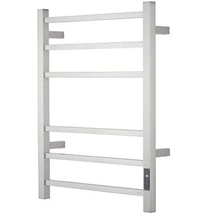 Electric Towel Warmer - Wall Mounted Bathroom Heated Towel Rack, Plug-in Design & Brushed Stainless Steel Finish (Square Brushed with Timer ETW13CS, 6 Bar)