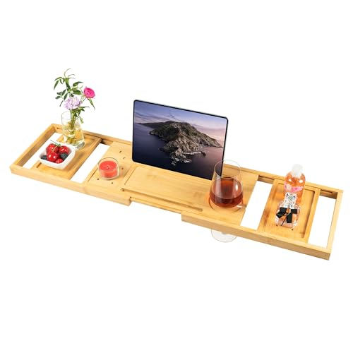 Utoplike Bamboo Bathtub Tray Caddy for Tub, Bath Table Bathroom Organizer | Adjustable, with Book Tablet Stand, Wine Glass Cup, 2 Sliding Towel Holder