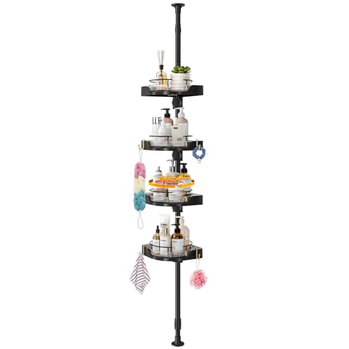 360° Rotating Corner Shower Caddy Tension Pole, 4-Tier Rustproof Shower Organizer, No-Drill Tool-Free Adjustable Height 34-124" for Bathroom Shelves Storage, Black - color: Black