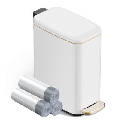 KSSKSS Small Bathroom Trash Can with Lid Soft Close, Step Pedal, 6L / 1.6 Gal Stainless Steel Garbage Bin with Removable Inner Bucket, Slim Wastebasket for Narrow Spaces (White) - color: White--P