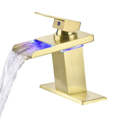 LED Waterfall Bathroom Faucet, Brushed Gold RV Bath Vanity Faucet for Sinks - 1 or 3 Hole Mount