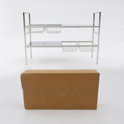 2-Tier Under Sink Organizer, Adjustable 20.9-34.6 Inch, Stainless Steel Cabinet Shelf with 4 Baskets, Cream White (Silver) - color: Silver