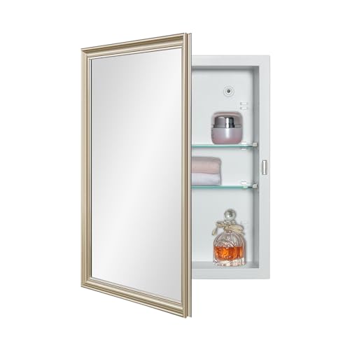 IDYLLOR White Medicine Cabinet with 14x18 Inch Gold Frame Mirrored Door, Wall Mounted Storage, Recessed or Surface Mount, 2 Adjustable Glass Shelves, Vanity Organizer for Bathroom, Bedroom, Hallway - color: Matte White, size: 14x18 inch Framed Mirrored Do