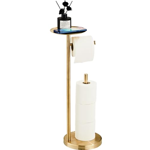 Toilet Paper Holder Stand Gold: Free Standing Tissue Roll Holder with Phone Shelf - Toilet Roll Dispenser Storages for 4 Rolls, Durable Stainless Steel for Bathroom
