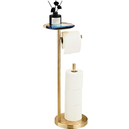 Toilet Paper Holder Stand Gold: Free Standing Tissue Roll Holder with Phone Shelf - Toilet Roll Dispenser Storages for 4 Rolls, Durable Stainless Steel for Bathroom