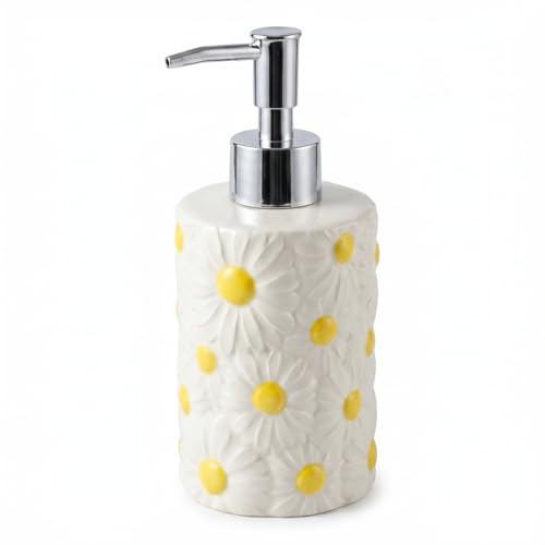 Flower Ceramic Soap Dispenser Cute Daisy Hand Soap Bottle 11.5 Oz | Floral Liquid Soap Dispenser with Pump, Refillable for Lotion, Shampoo, Body Wash, Bathroom Kitchen Vanity Countertop Decor