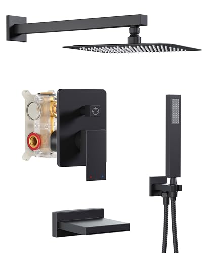 Black Tub Shower System with 10" Rain Head, Handheld & Valve Kit | All-Metal Tub Shower Faucet Set, Wall Mounted Rain Showerhead, Handheld Spray, Includes Valve and Trim Kit, Matte Black - color: Matte Black 10