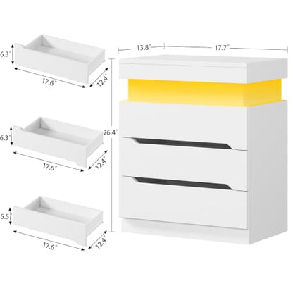 Night Stand with 3 Drawers, Nightstand with App-Controlled Adjustable LED Light, Bedside Table with Slidable Hidden Storage Space, Modern Nightstands for Bedroom,White - color: Unbzx032wd-zf