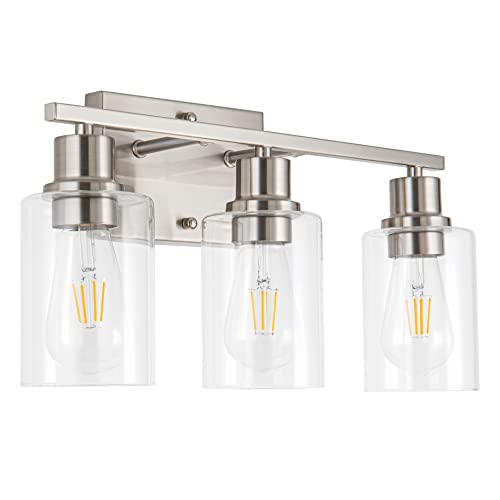 Bathroom Vanity Light Fixtures, 3-Light Brushed Nickel Bathroom Lights, Wall Sconces with Clear Glass Shade for Hallway Farmhouse Bedroom Living Room - color: Nickel 3-Light